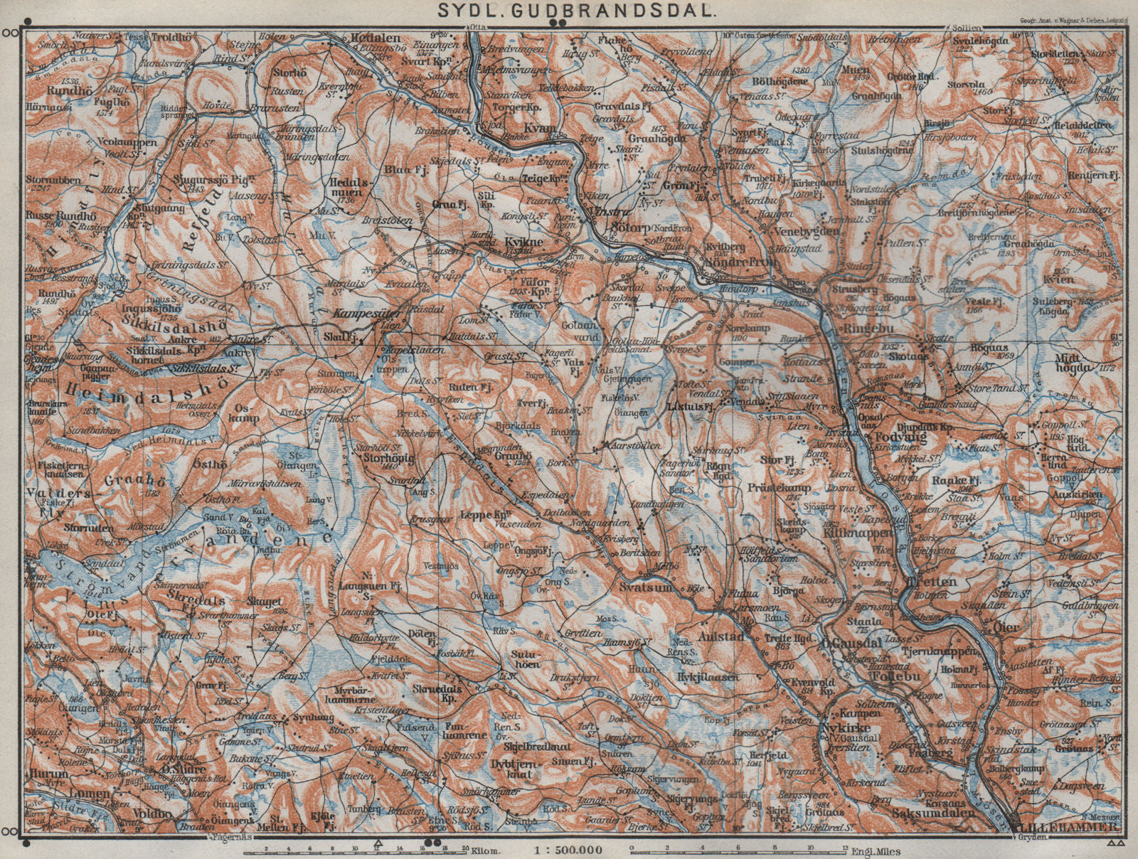 SOUTH GUDBRANDSDAL. Sydl. Lillehammer Favang. Topo-map. Norway kart 1909